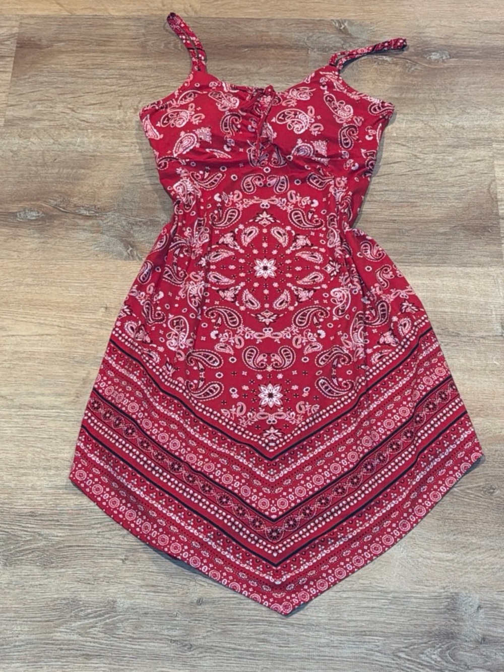 No Boundaries Red Paisley Handkerchief-Hem Mini Dress